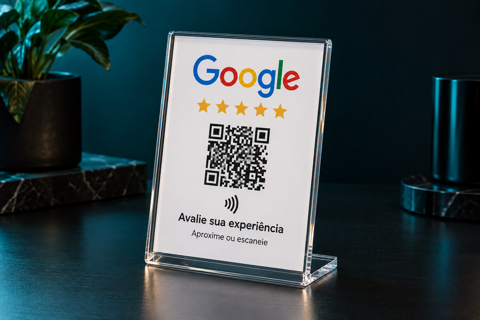 Imagem ilustrativa de uma placa de acrílico NFC para avaliações no Google sobre uma mesa