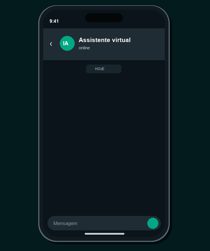 Demonstração animada de um agente de IA respondendo a um cliente pelo WhatsApp em um smartphone